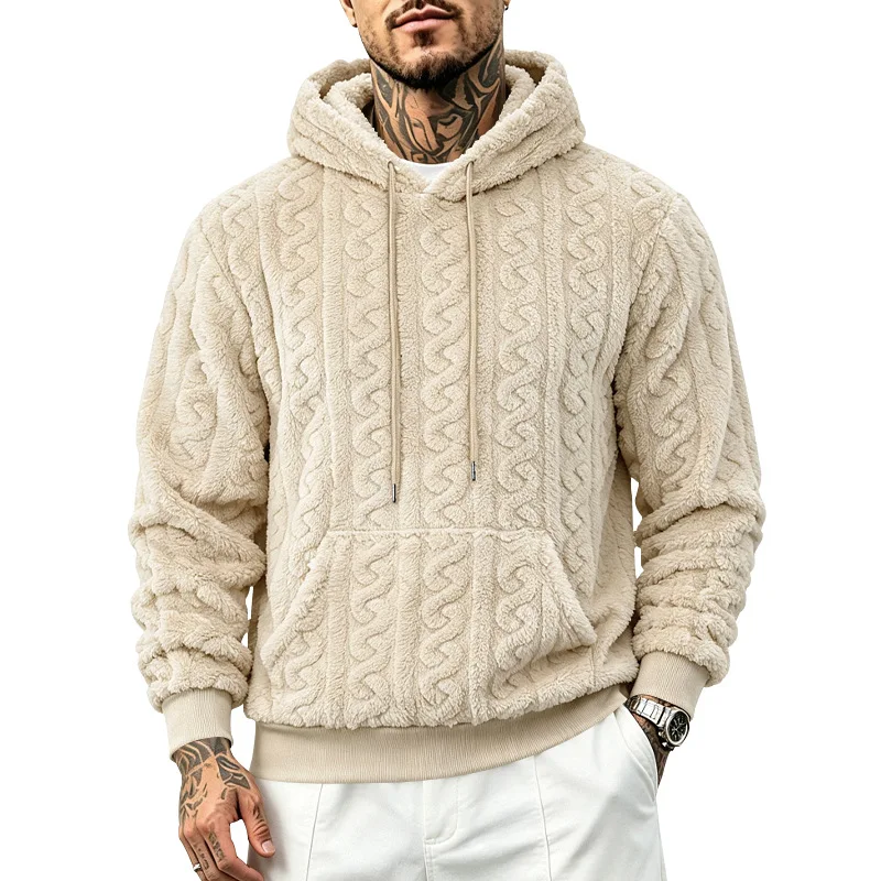 Autumn Winter Men Warm Cozy Plush Hoodie 3D Embossed Twist Texture Drawstring Hooded Sweatshirt Kangaroo Pocket Loose Daily Wear