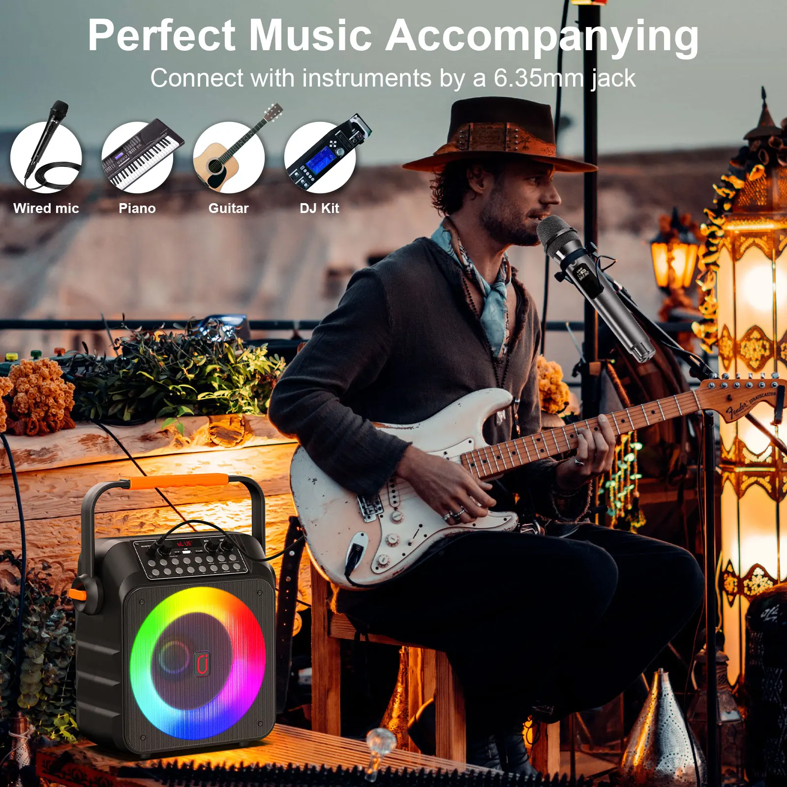 

Karaoke Machine with 2 Wireless Microphones, Portable Speaker with LED Lights for Kids and Adults, Supports Bluetooth/USB/TF/AUX