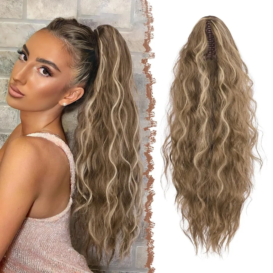 女性用クロウクリップポニーテールエクステンション-ロングウェーブカーリー合成ヘアピース-ライトブラウンブロンド-26インチ-日常使いに最適