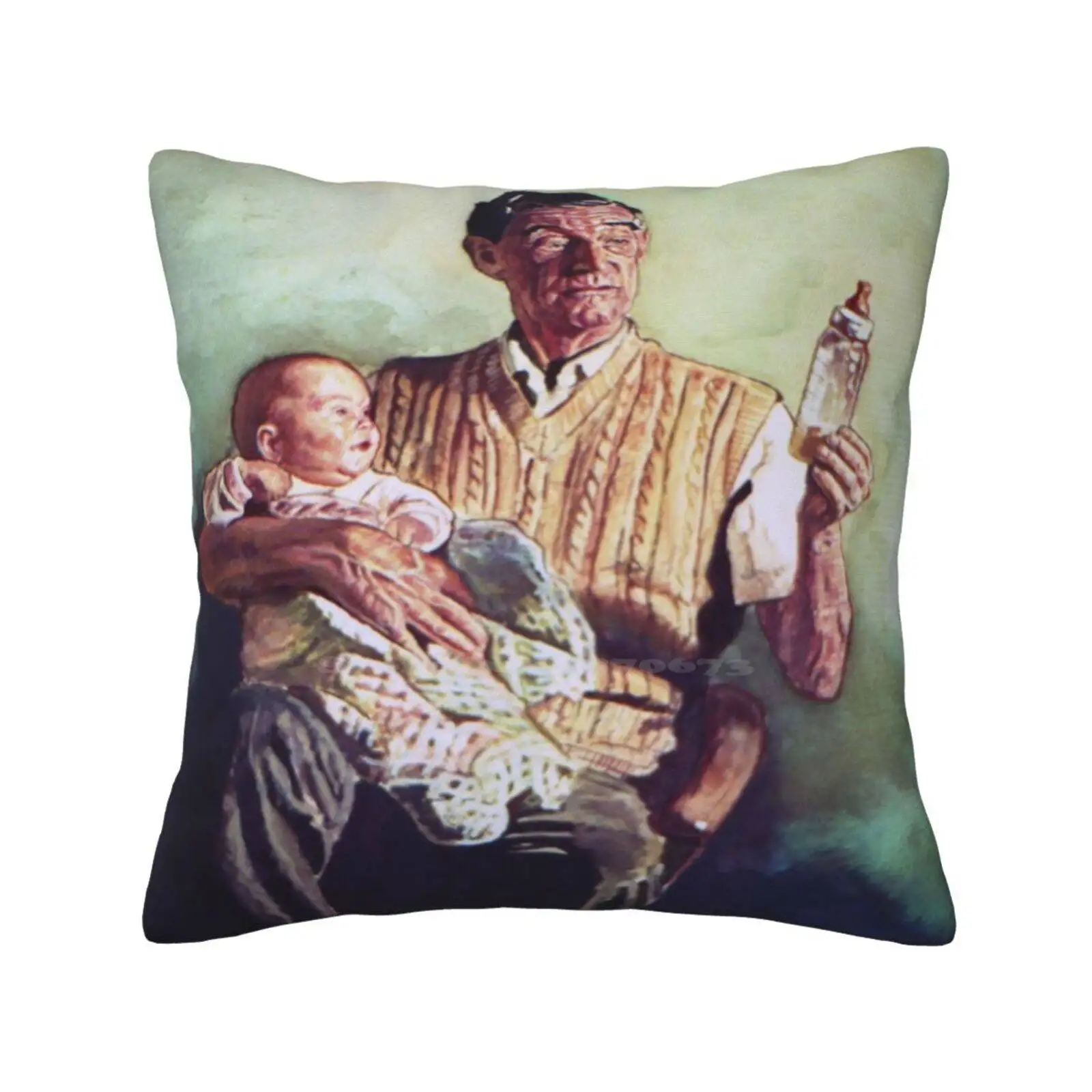 Babysitting Bedroom Office Hug Pillowcase Baby Gouache Grandfather Portrait Face Cute Family