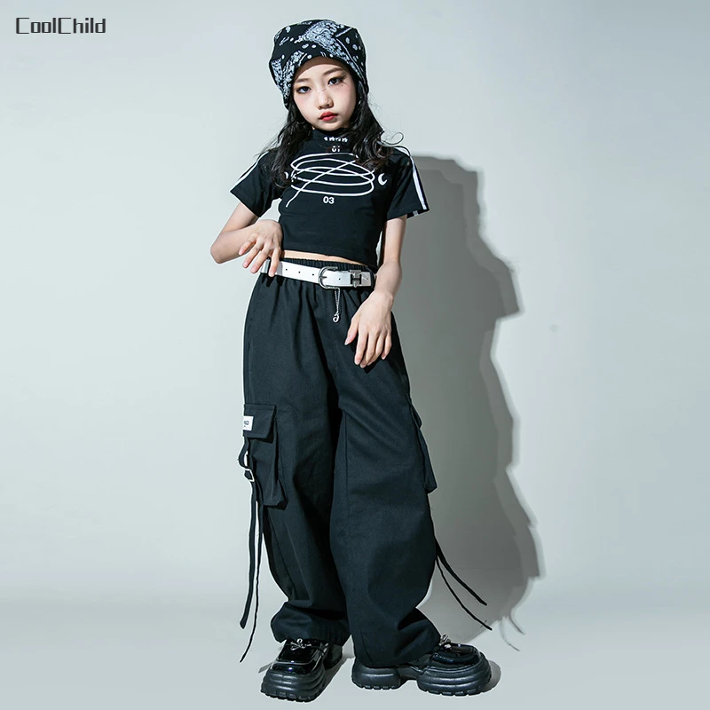 Hip Hop Girls Cropped Jacket Cargo Pants Child Crop Top T-shirt Goth Streetwear Clothes Sets Kids Street Dance Jazz Teen Costume