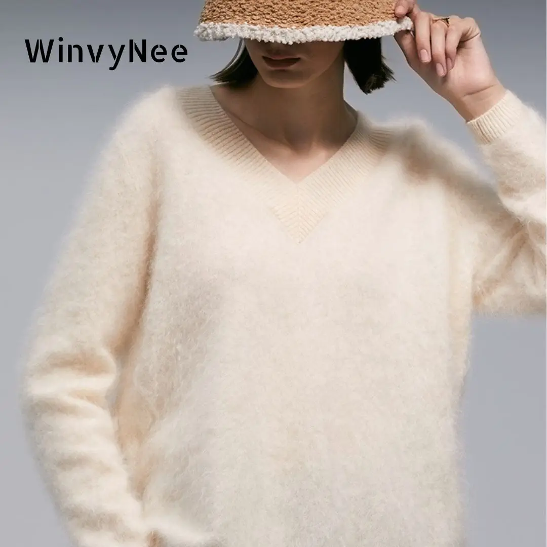 WinvyNee Winter Long Brushed Cashmere Sweater Woman's Clothing V Neck Loose Casual Knitted Soft Warm Pullovers Winter A1444002