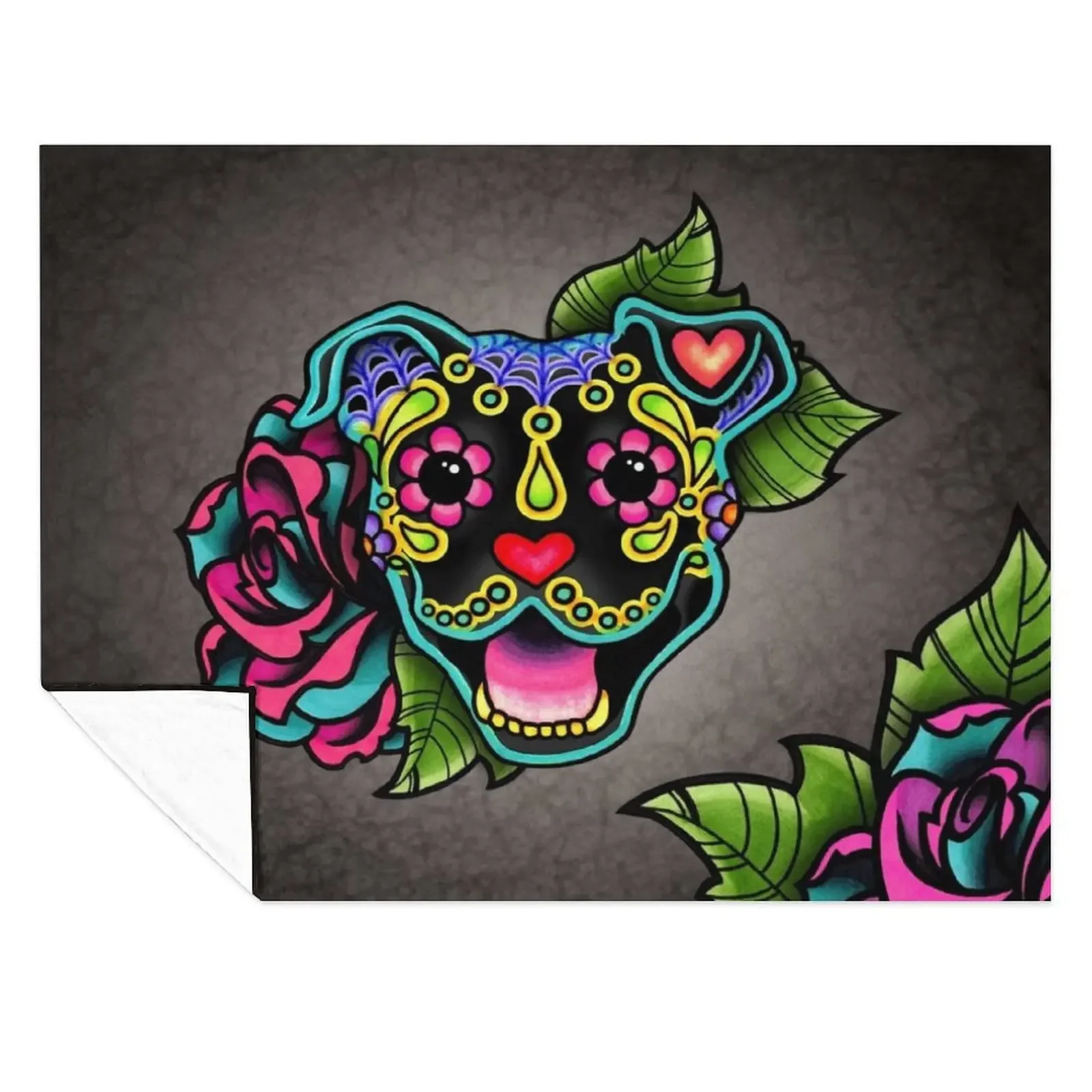 

Smiling Pit Bull in Black - Day of the Dead Happy Pitbull - Sugar Skull Dog Throw Blanket Sofa Flannel Warm Blankets