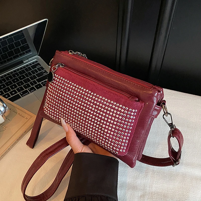 Fashion Rivet Famales Bags Soft PU Trendy Crossbody Bag Women Niche Retro Multi-layer Shoulder Messenger Bag Commuter Travel Bag