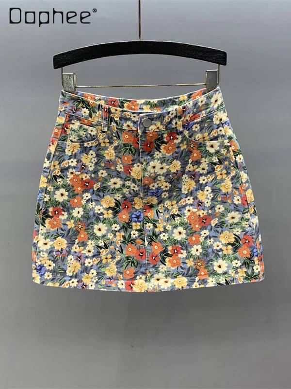 

Retro Floral Denim Skirt Women 2025 Summer New High Waist Slim Flower Print A-line Skirts Female Office Lady Fashion Mini Skirt