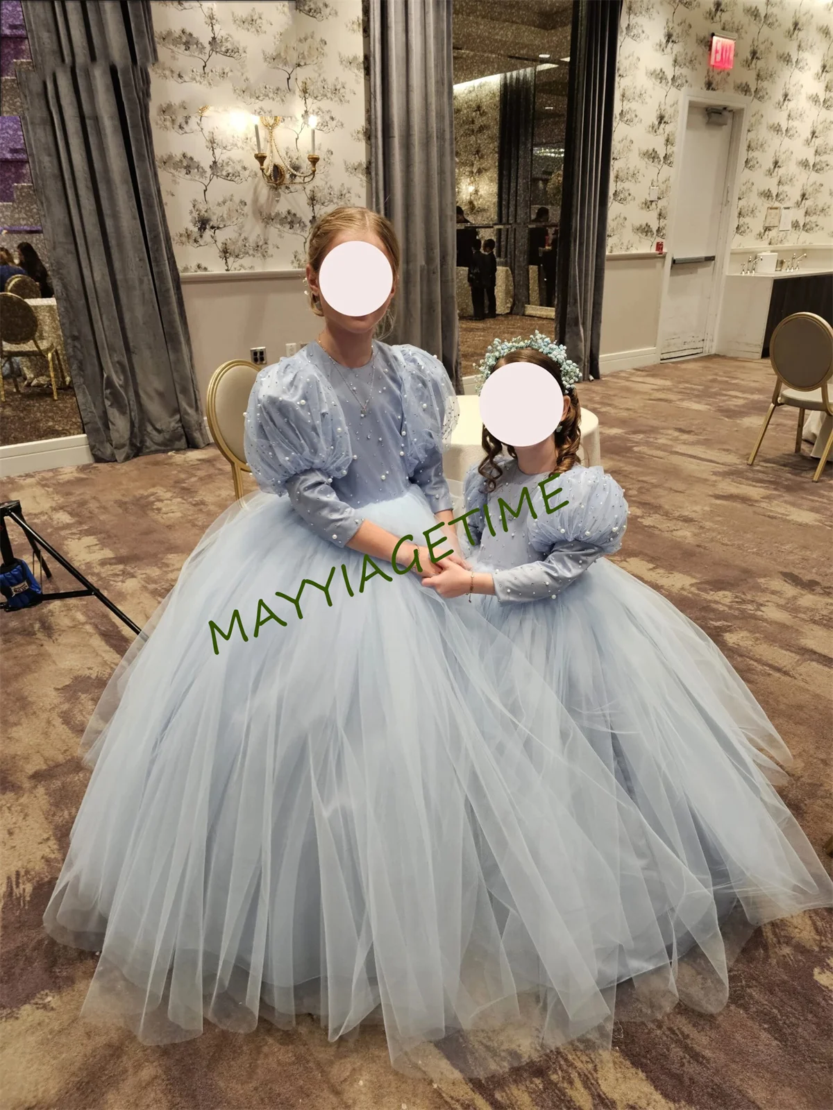 

3/4 Sleeve Blue Tulle Flower Girl Dress For Wedding Puffy Balloon Sleeve Pricness Pageant Birthday High Neck Girl Dresses