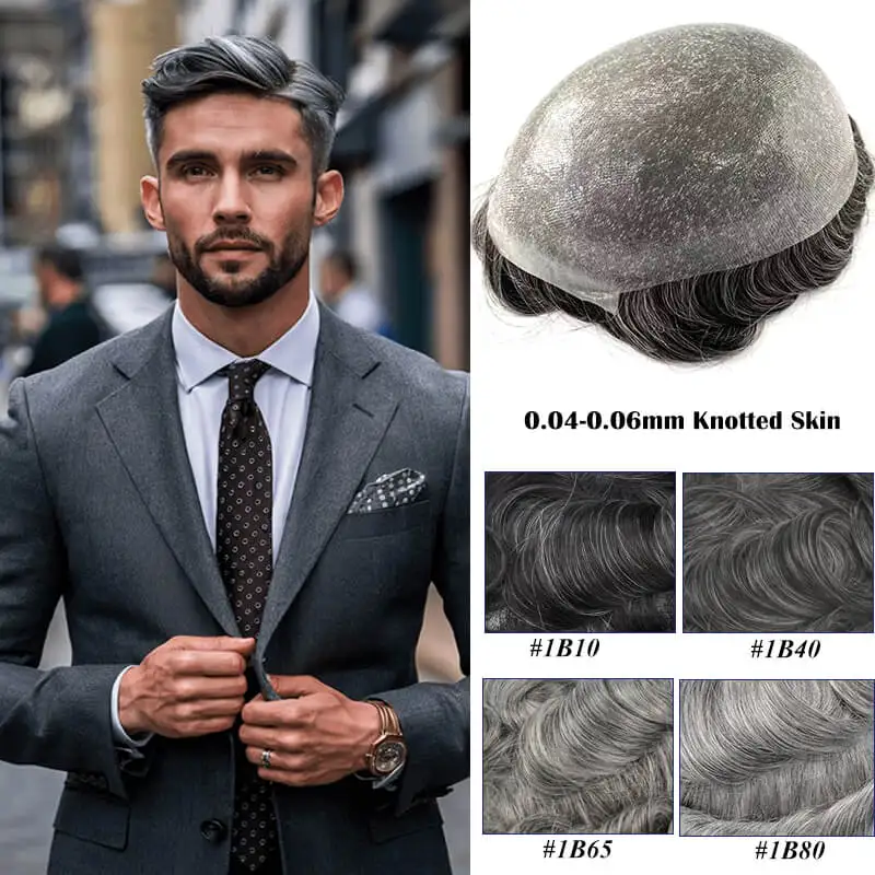 0.04-0.06mm Male Hair Prosthesis Soft Knotted Skin Toupee Men Durable Wigs 100% Human Hair System Unit Capillary Prosthesis