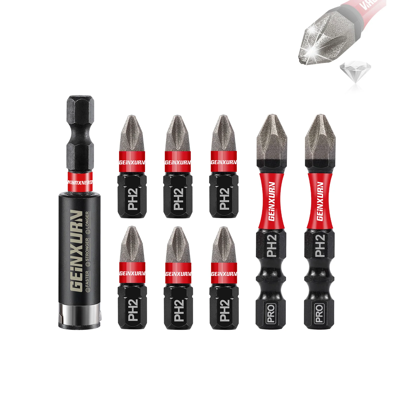 Geinxurn 1/2/6 Zoll Diamant PH2 Bit-Set mit Halter, S2 Stahl Werkzeugkoffer, für Autoreparatur und Heimgebrauch