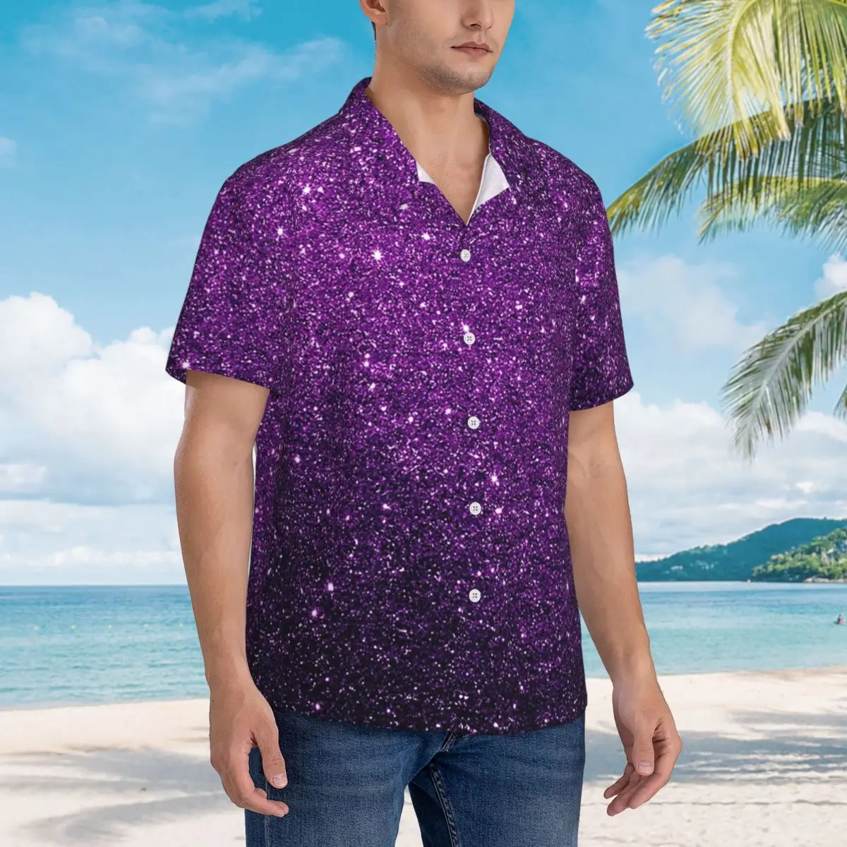 Gradient Purple Glitter Pattern Hawaiian Shirts Fashion Men Short Sleeve Shirt for Summer Beach Men's Button Tops