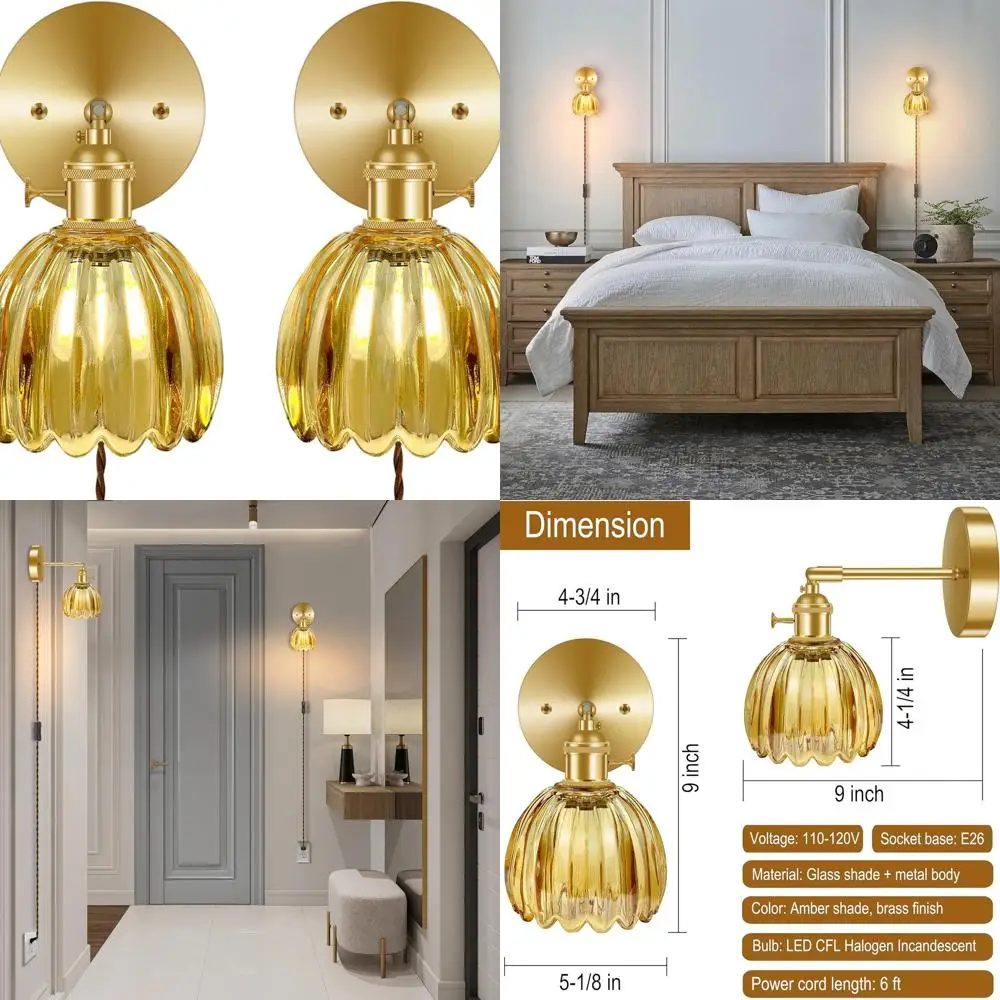 

Modern Plug-in Wall Sconce with Amber Tulip Glass and Brass, 2-Pack for Home Decor