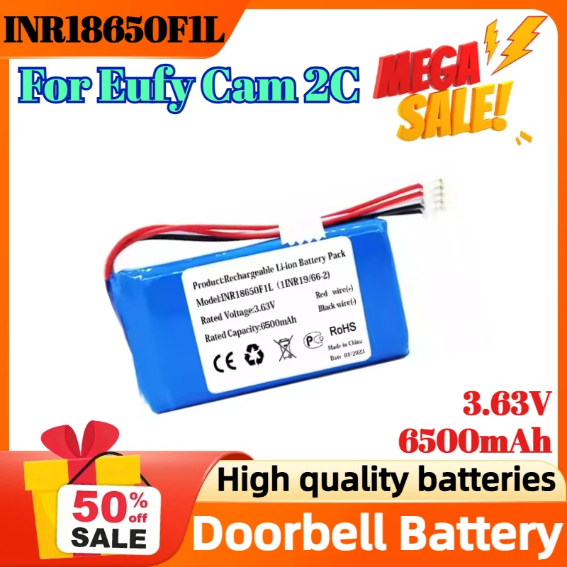

INR18650F1L 1INR19/66-2 3.63V 6500mAh Battery For Eufy Cam 2C Doorbell Accumulator with 5-wire Plug Li-ion Battery