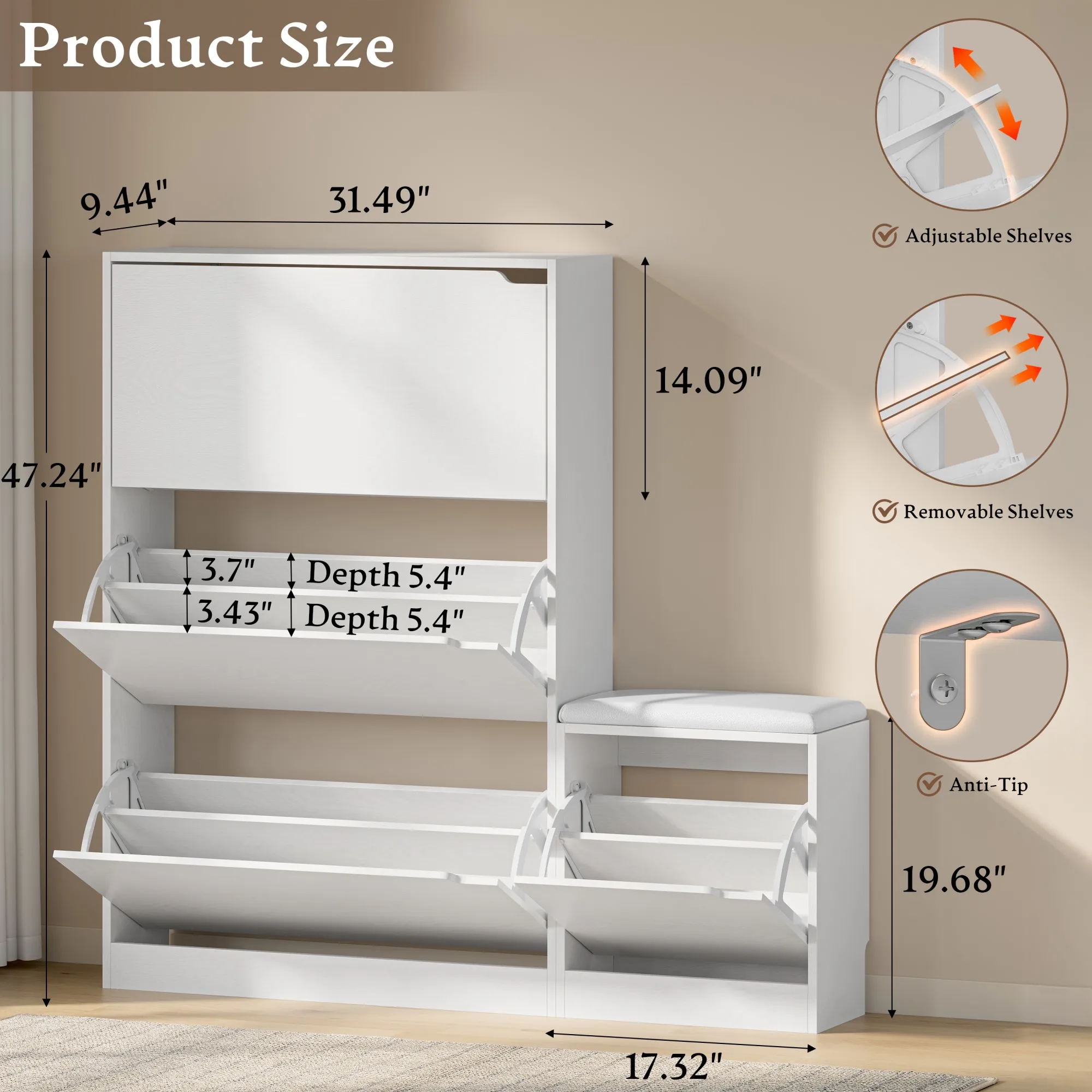 Shoe Cabinet with Bench and 3 Flip Drawers, Slim Narrow Shoe Storage Cabinet, Freestanding Shoe Rack Organizer with Adjustable & Removable Shelves, Anti-Tip for Entryway, Hallway
