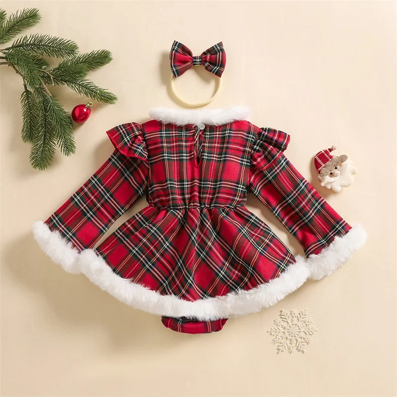 Blotona Baby Girls Christmas Outfits Long Sleeve Fur Trim Plaid Print Romper Dress + Headband Set Newborn XMAS Clothes