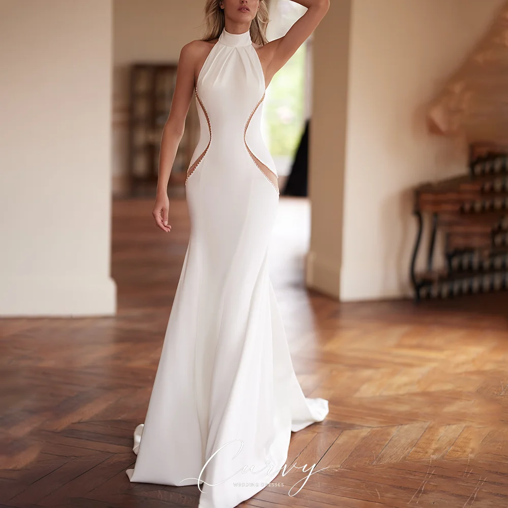 Curvy Modern Chic Wedding Dress High Halter Neck Side Cut‑Out Beaded Trim Deep V Open‑Back Sweep Train Bridal Gown for Women