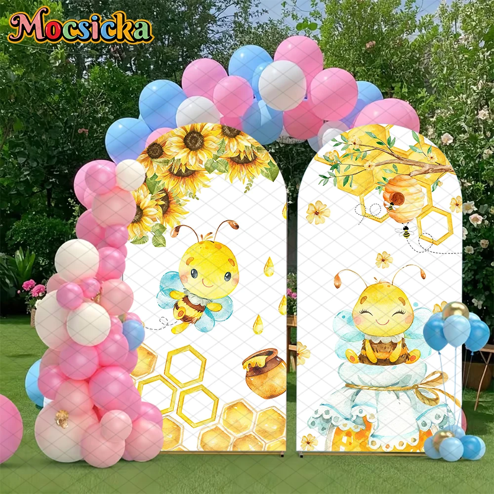 Mocsicka Happy Birthday Arch Cover Backdrop Soft Elastic Double-Faced Wedding Arched Background Yellow Bee Sunflower Party Decor