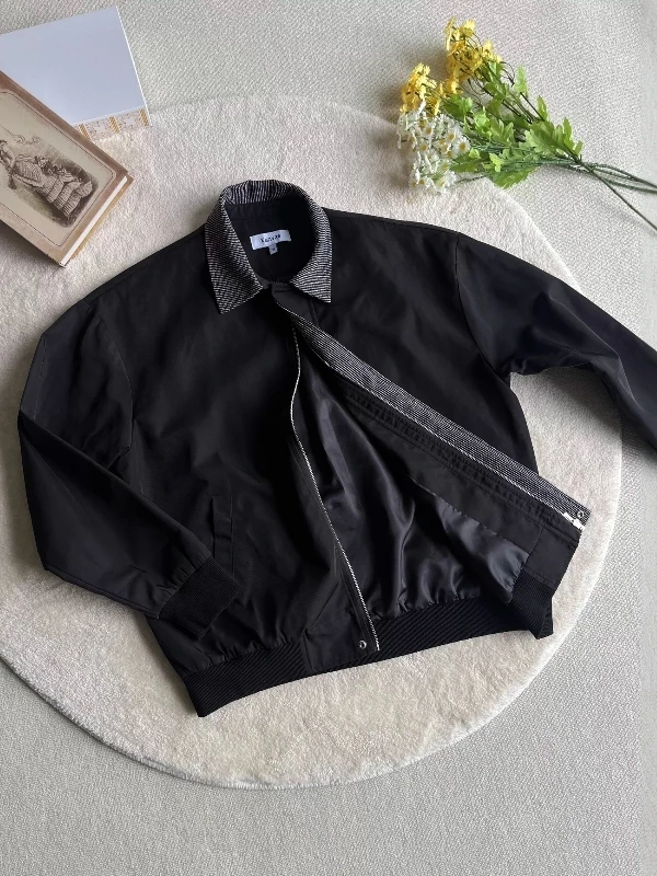 

Bla Patchwork Collar Door Latch Bird's Eye Pattern Jaet Stand Fit Zipper Decoration Polyester Fiber Long Sve Coat