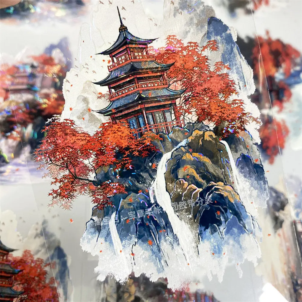 Washi Pet Tape Maple Bridge Night Ancient Style Landscape for Journaling Scrapbooking DIY Craft Sticker