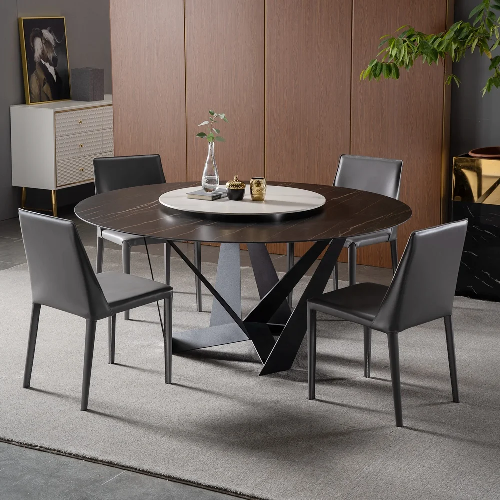 Modern Luxury Metal Dining Room Furniture Round Table Italian Ceramic Marble Dining Table With Chairs Villa Dining Table Set