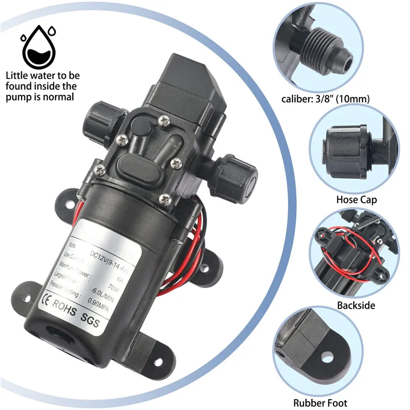 

Мембранный Водяной насос высокого давления, 12 В, 70 Вт, 6 А, автоматические самовсасывающие насосы для садового распылителя