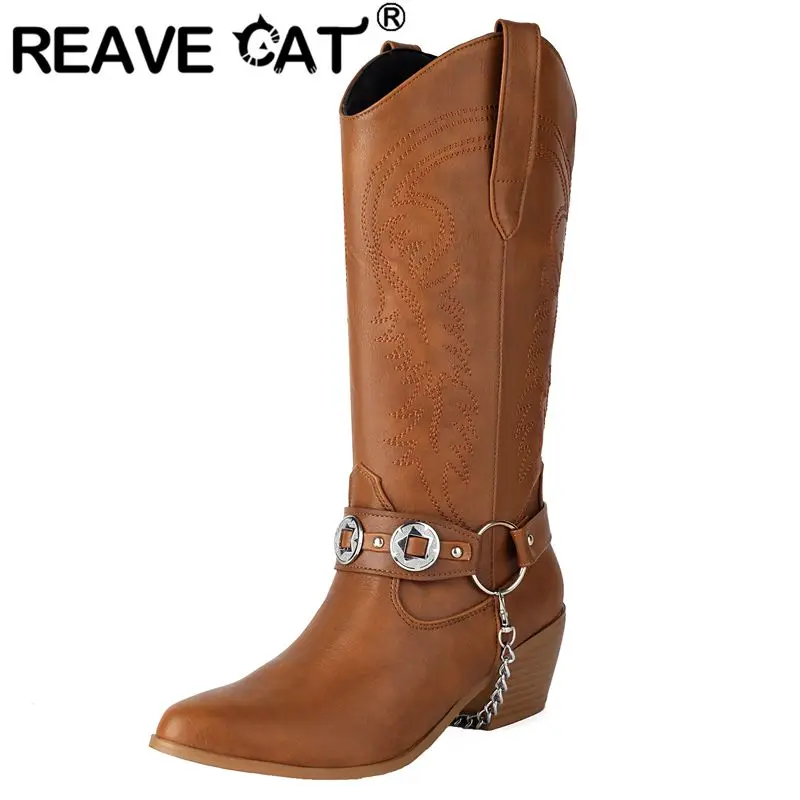 REAVE CAT-Botas hasta la rodilla para mujer, botines de punta redonda con tacón de bloque de 5,5 cm, sin cordones, con decoración de cadena bordada