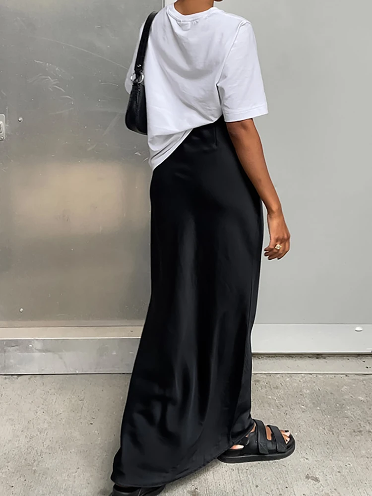 Linad Office Lady Black Straight Skirts For Women 2025 Street Chic Solid Satin Long Skirt Casual High Waist Floor-Length Skirts