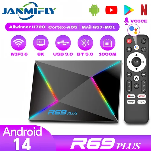 Nuevo Android 14,0 R69PLUS WIFI 6 Bluetooth 5,0 Allwinner H728 octa-core ARM Cortex A55 TV Box Control de voz HD 8K decodificador