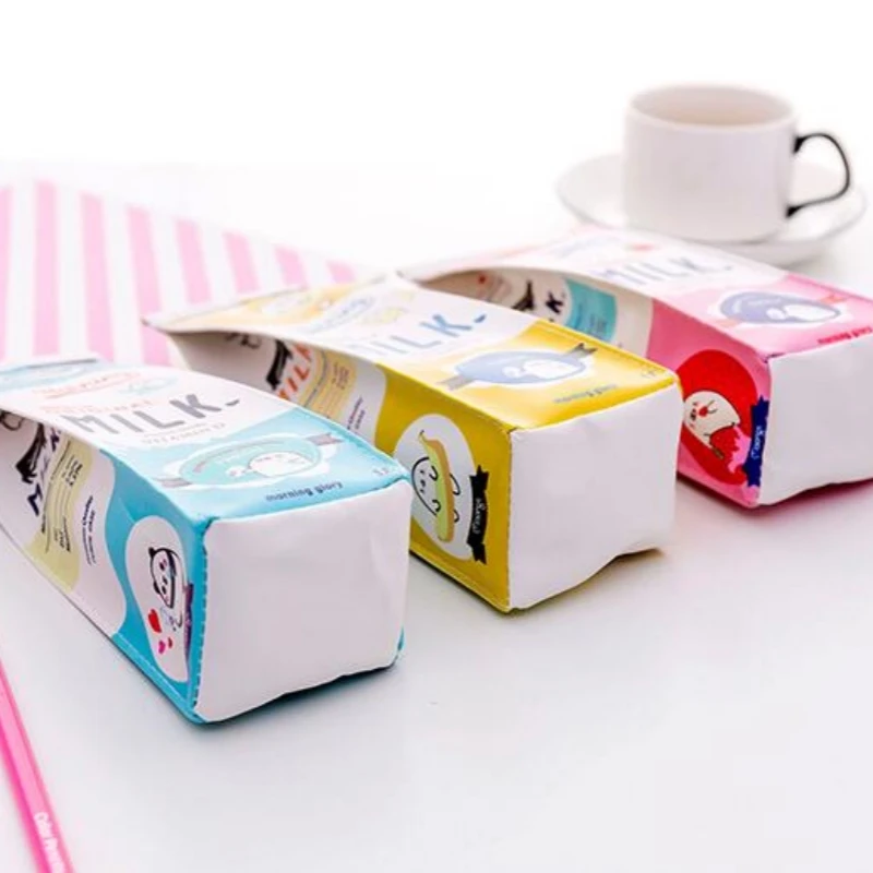 Cartoon Morning Milk PU Leather Pencil Case Stationery Storage Organizer Pencil Bag School Office Supply Escolar image 4