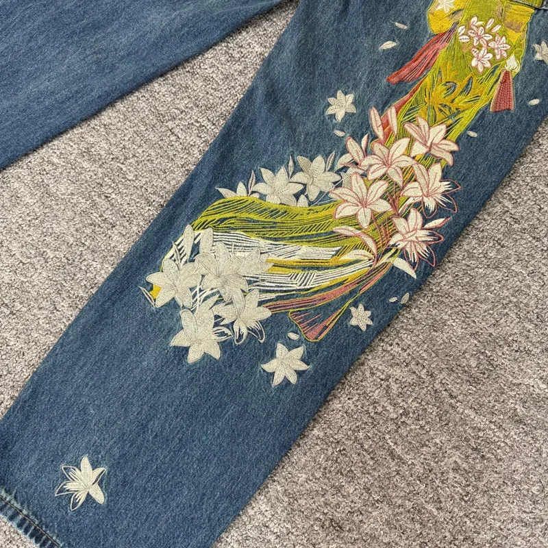 Derschutze Jeans Men's New High Street Trendy Brand High Quality Embroidered Loose Straight Leg Denim Pants Stock