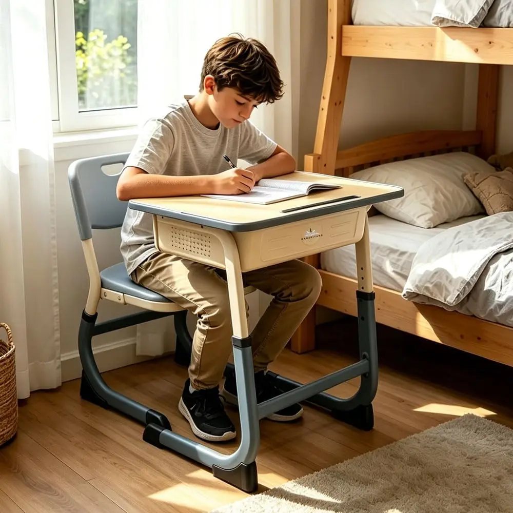 Kids Desk and Chair Set - Height Adjustable Children Study Table for Home School - Ergonomic Student Writing Desk with Storage -