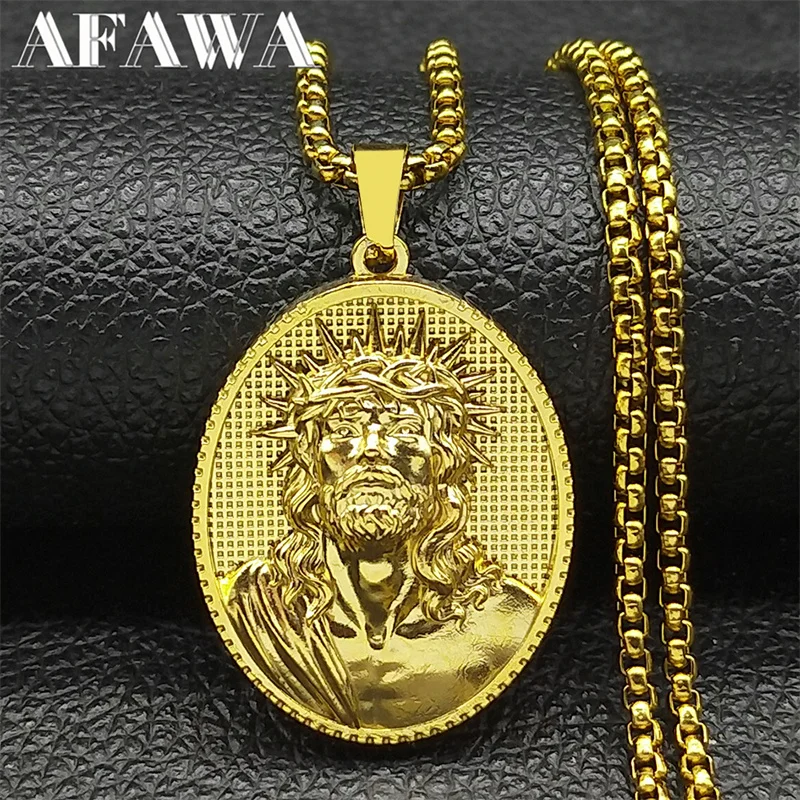 Jesus Crown Of Thorns Medal Necklace for Women Men Stainless Steel Gold Color Male Chain Creativity Gift Jewelry colar masculino