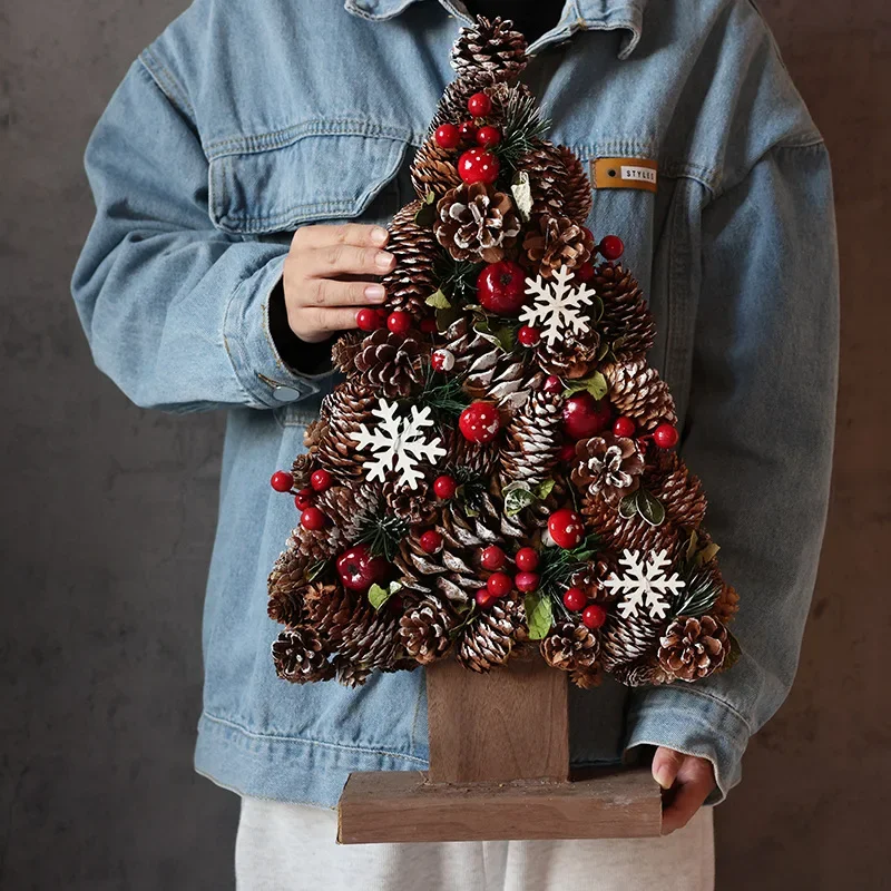 2Pcs Rustic Christmas Pinecone Tree Tabletop Centerpiece with Wood Slices Berries for Home Holiday Party Decoration