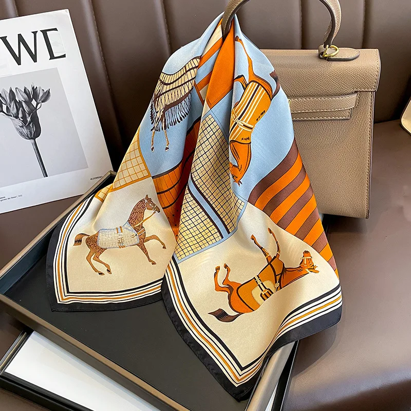 New French Stitching Orange Horse 70 Square High-End Silk Scarf Women's Sun Commuter Neck Protection Business Wear