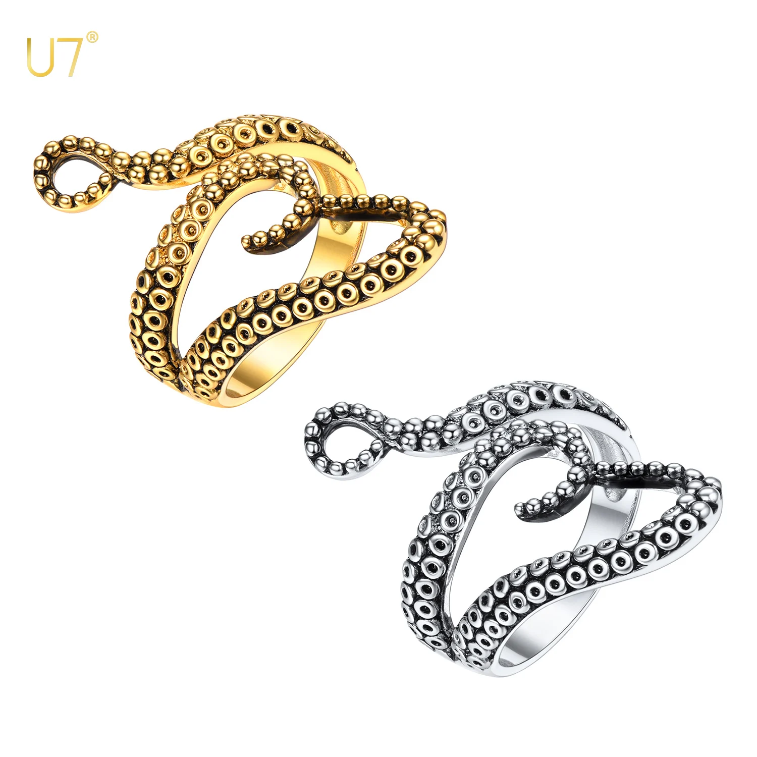 

U7 3D Octopus Ring Wise Sea Animal Women Men Adjustable Open Ring Cuff Gothic Punk Unisex Cocktail Party Jewelry