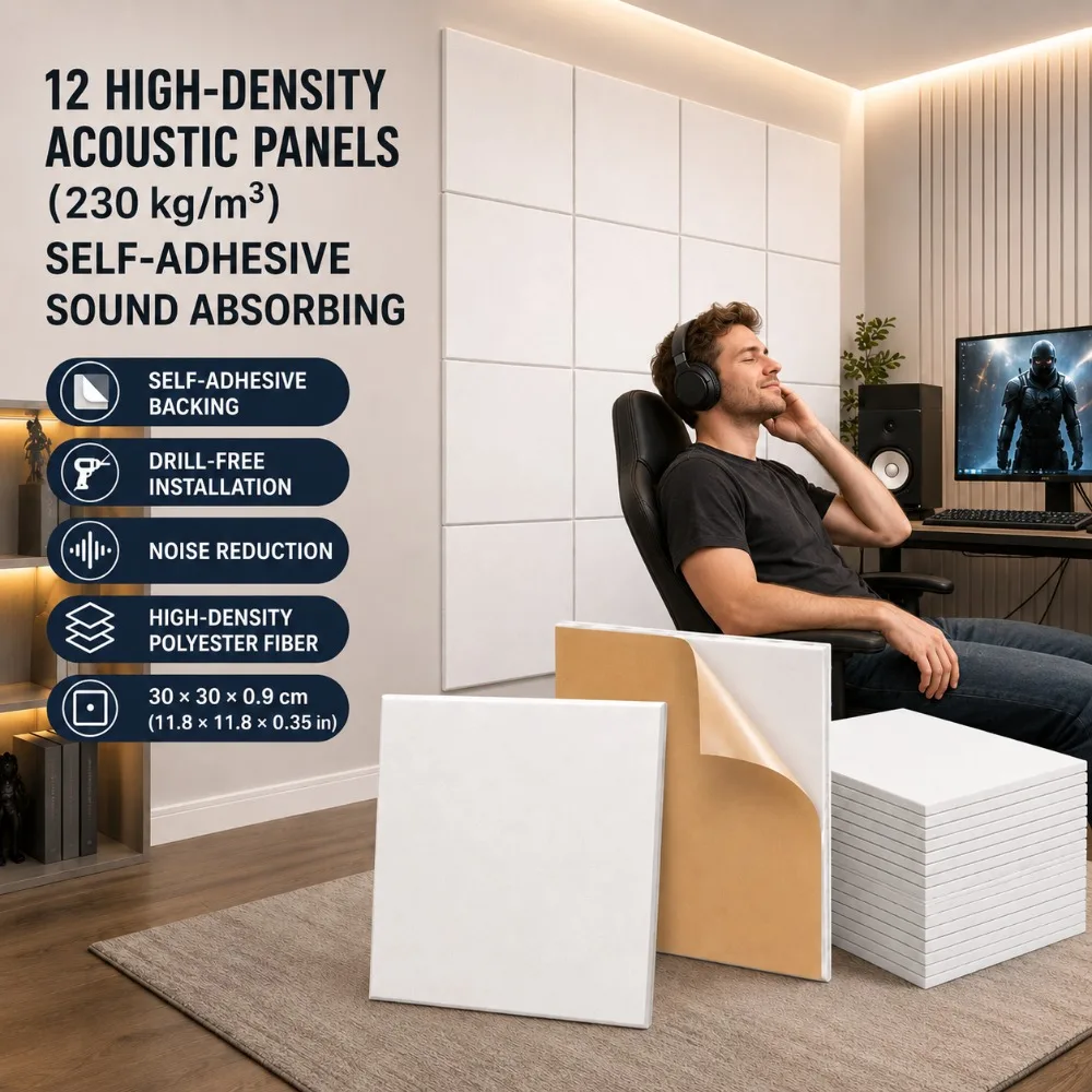 12x Hochdichte (230 kg/m³) Selbstklebende Schallabsorptionsplatten – Einfache DIY-Installation, Effektive Wandgeräuschreduzierung für Spielzimmer, Wohnzimmer, Studios & Home Offices