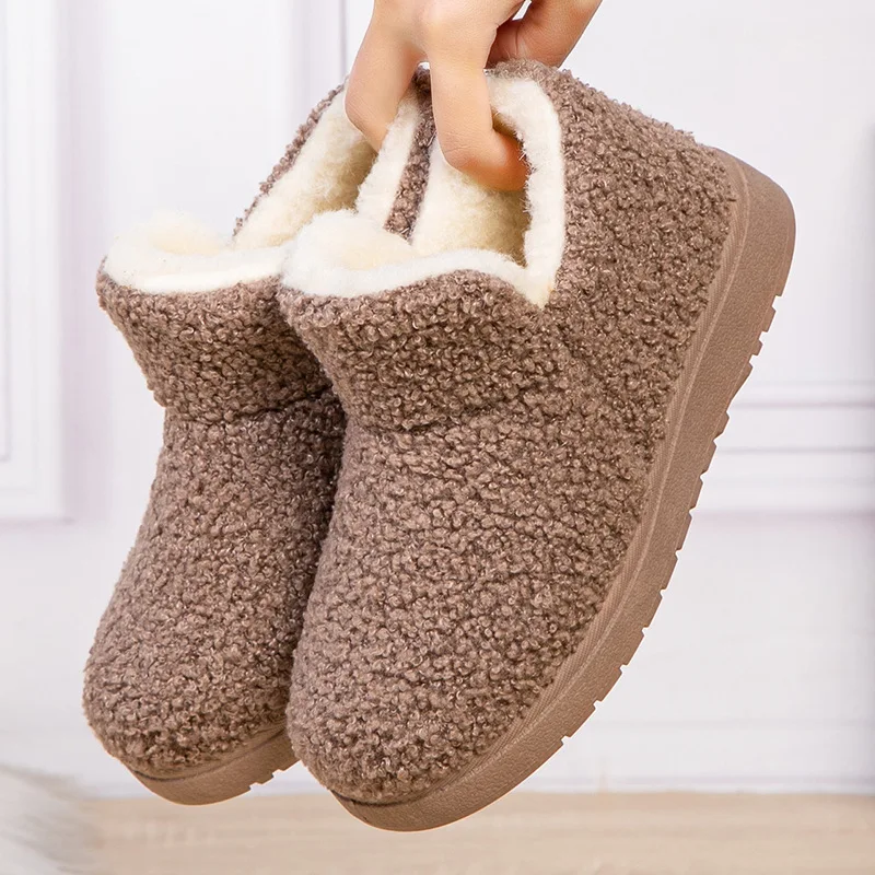 

New Women's Fleece Lined Anti-Slip Winter Boots Casual Style Thick Bottom PVC Sole Pure Color Slip-On Fluffy Slippers