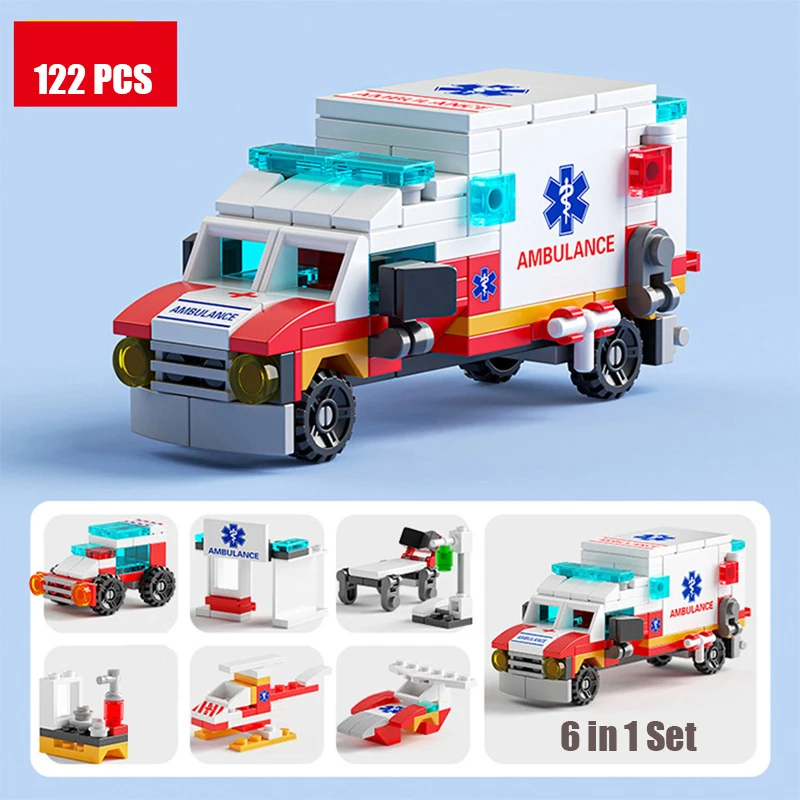 Stad Ambulance Brandweerwagen Vliegtuig Auto Helikopter Drager Diy Assembleren Vliegtuig Model Bouwstenen Kids Speelgoed