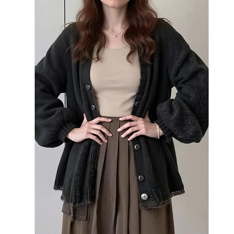 2025 NOVEDAD DE VERANO cárdigan de punto para mujer, chaqueta holgada informal de manga larga, Top versátil para mujer, prendas de punto con manga acampanada dulce