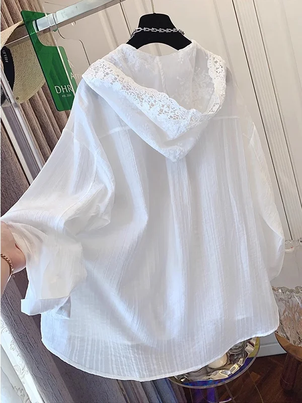 Weiße Spitze mit Kapuze IRT Damen Sommer lässig dünn lang Sve Sonnenschutz Loose Fit Top Vintage Pendeln Sle Button Detail