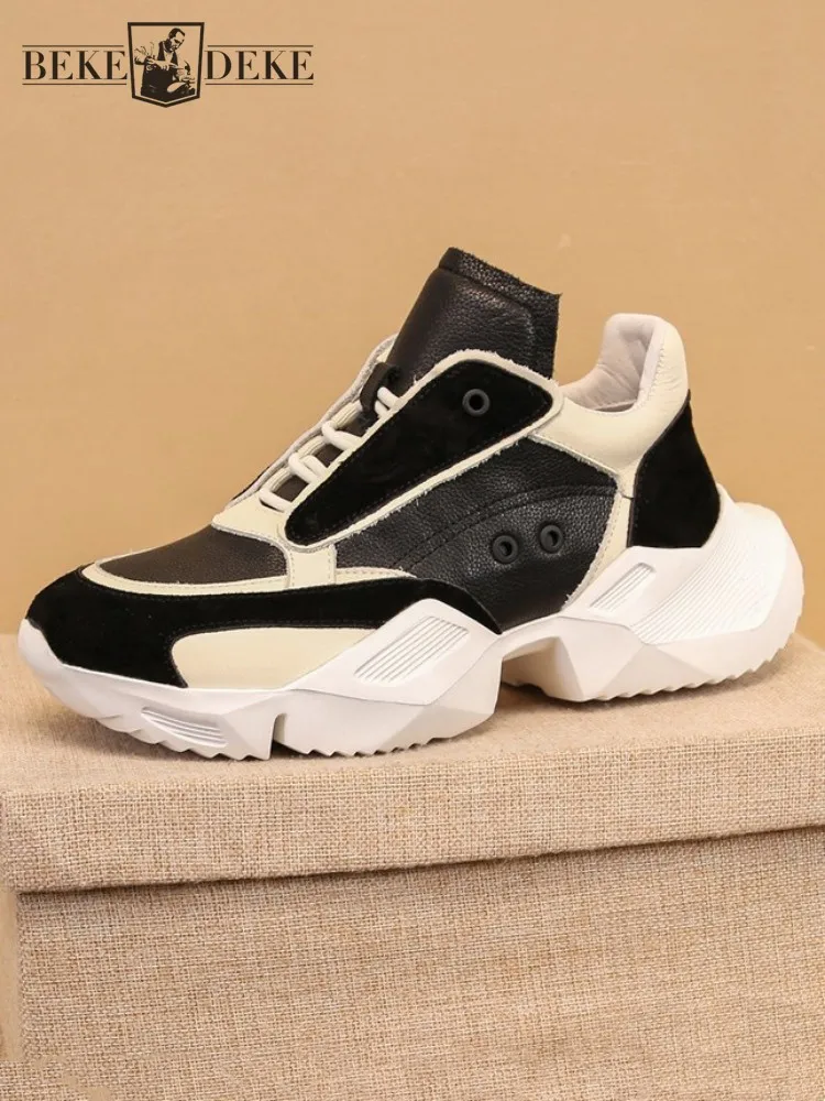 

Mens Genuine Leather Sneakers Mixed Colors Design Round Toe Thick Bottom Casual Shoes Fashion Comfortable Walking Active Shoes