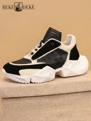 Mens Genuine Leather Sneakers Mixed Colors Design Round Toe Thick Bottom Casual Shoes Fashion Comfortable Walking Active Shoes