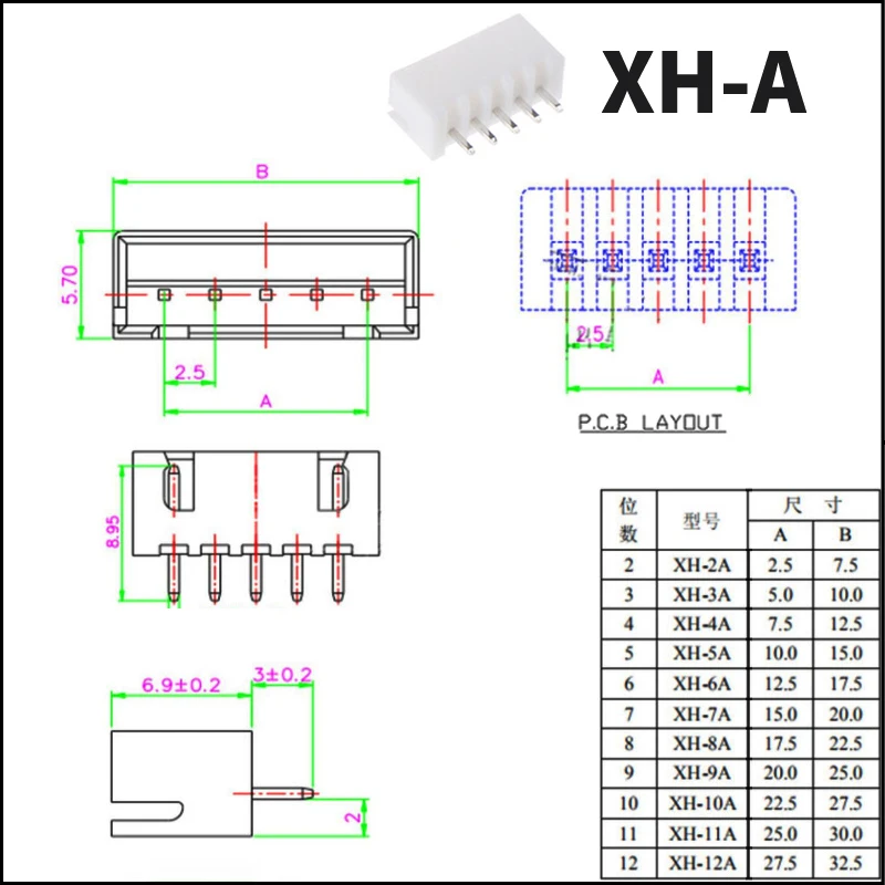 50PCS/Lot XH2.54 Pin Header Connector 2P 3P 4P 5P 6P 7P 8P 9P 10P 11P 12Pin 2.54mm Pitch XH for PCB Jst Straight Pin Holders