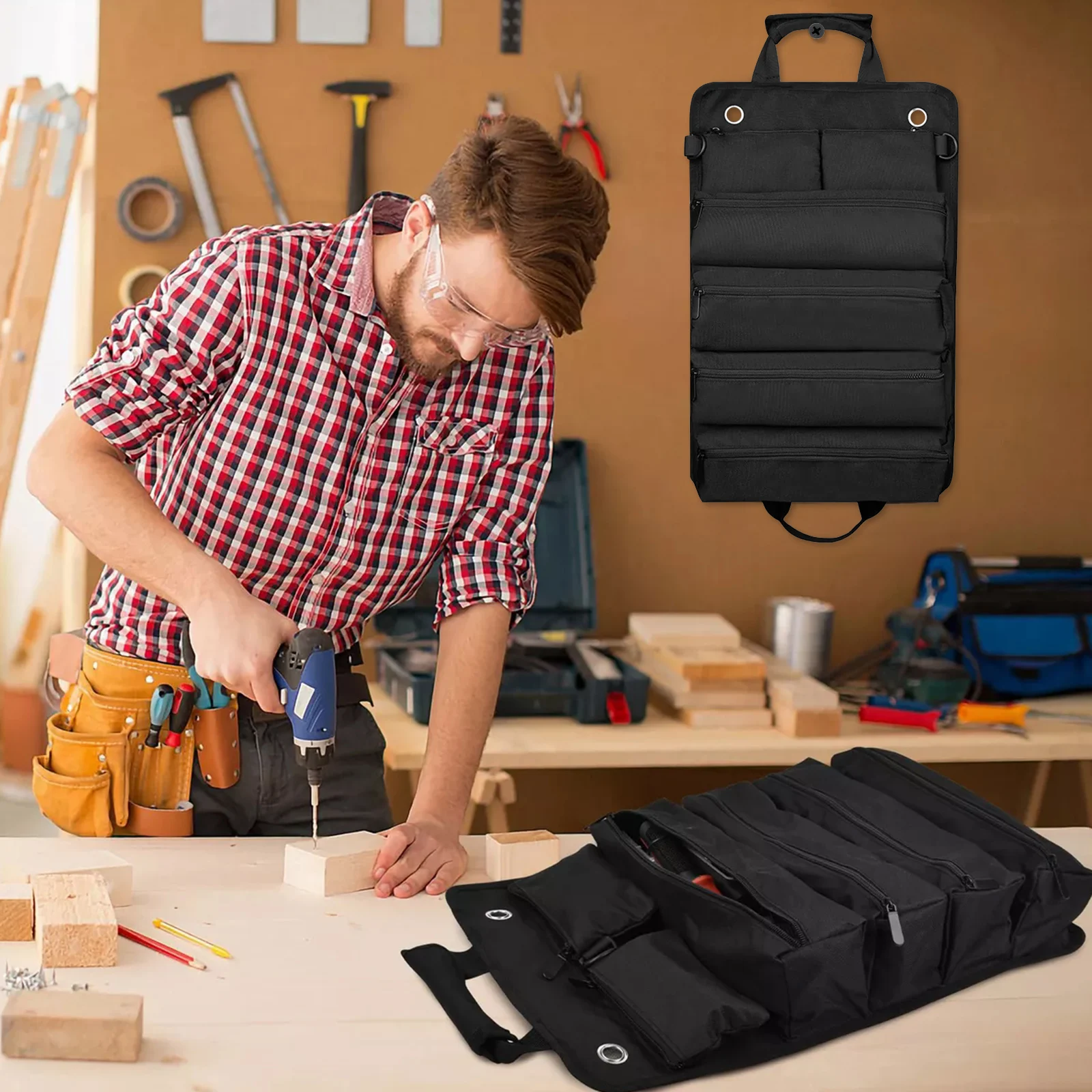 

Portable Roll Tool Bag Heavy Duty Organizer with Sturdy Handle Hanging Eyelets Car Repair Pouch Multiple Compartments for Easy