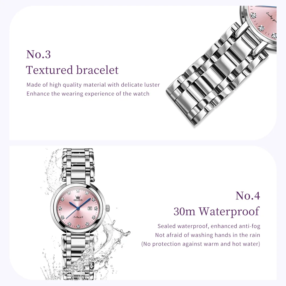 OLEVS 5575 Women Watch Fashion Luxury Roman Scale Diamond Dial Fashion Calendar Waterproof Watch Elegant Pink Women Quartz Watch