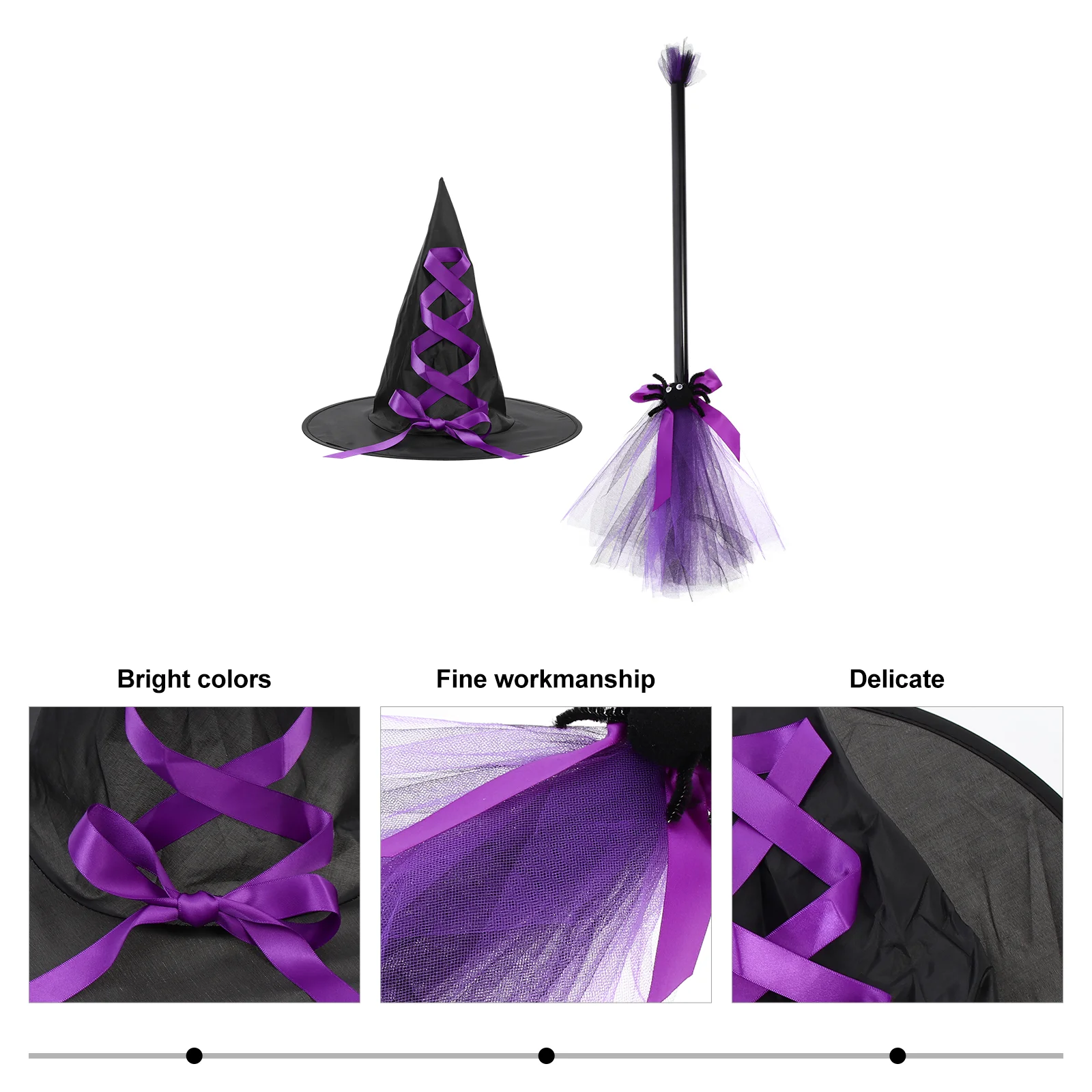 Party Costume Accessories Halloween Hat Spider Decorations Wizard Caps Set Mesh Broom Glitter Ribbon