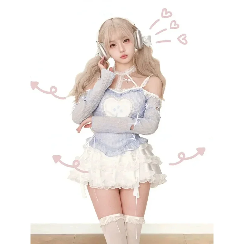 Комплекты Лолиты в японском стиле, женская блузка с принтом Harajuku Kawaii + милый тонкий торт, повседневная мини-юбка Y2k, популярные девушки 2000-х годов ty'4