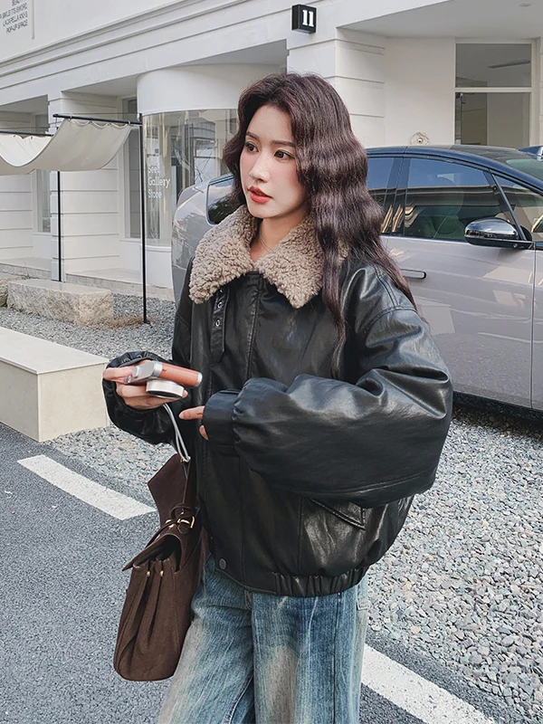 Cappotto Invernale da Donna in Pelle con Collo in Pelliccia d'Agnello, Imbottito in Piuma d'Oca, Bianco, Caldo, Casual, Vestibilità Ampia, Alla Moda