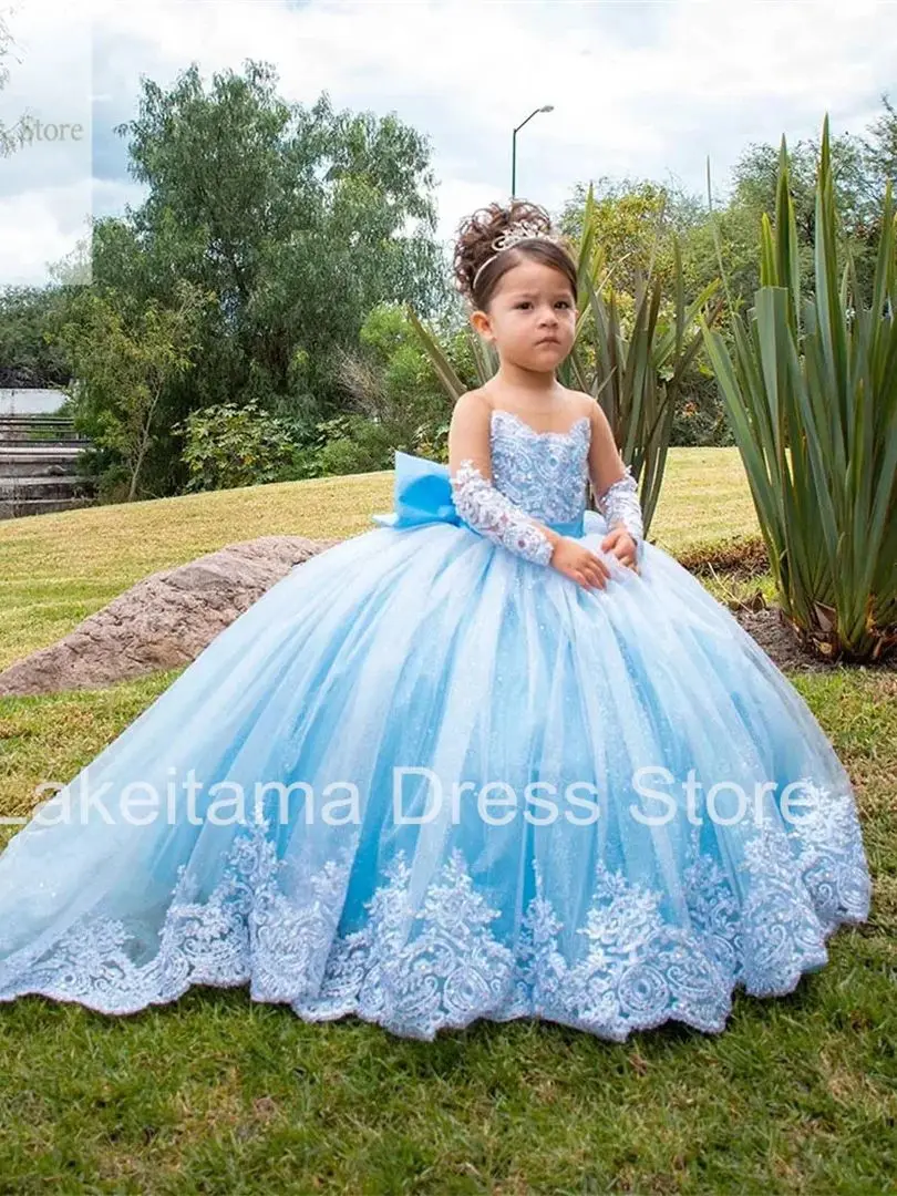 Robes à fleurs bleu ciel pour filles, en Tulle, avec nœud perlé, manches longues, pour fête de mariage, anniversaire, concours, Robe de première Communion