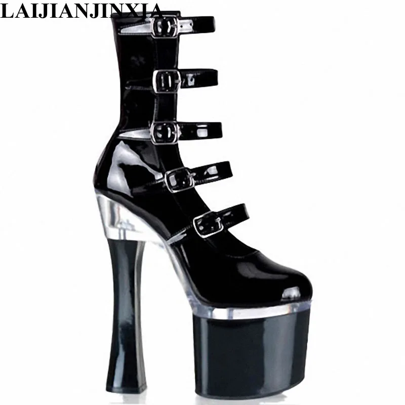 

Танцевальные ботинки со стальной трубкой и пряжкой на очень высоком каблуке 18 см, водонепроницаемые женские ботинки на платформе с ремешком для ночного клуба, большие размеры