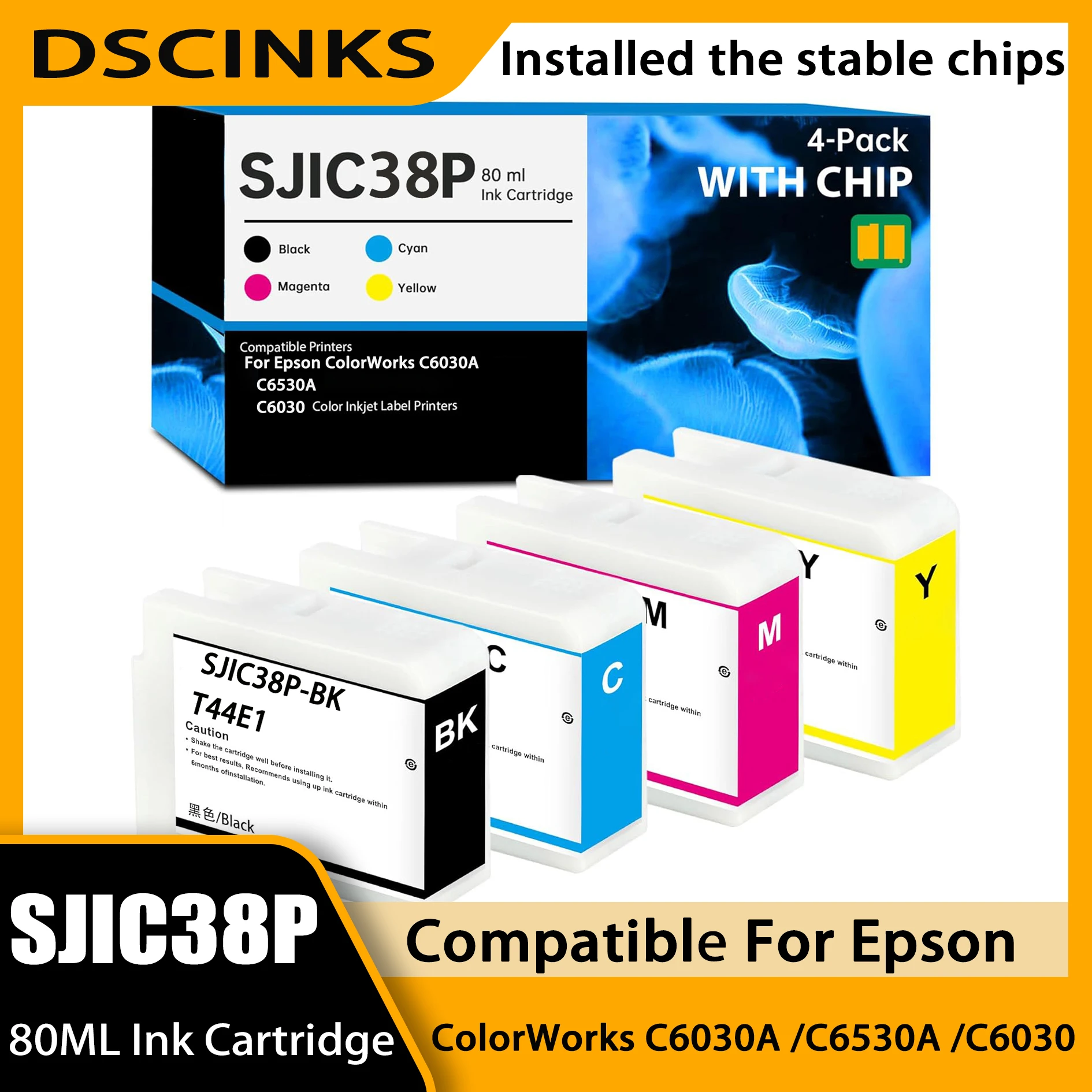 

1Set SJIC38P Compatible Ink Cartridge With Pigment Ink For Epson ColorWorks CW-C6030A CW-C6030P CW-C6530A Printer BK C M Y Color