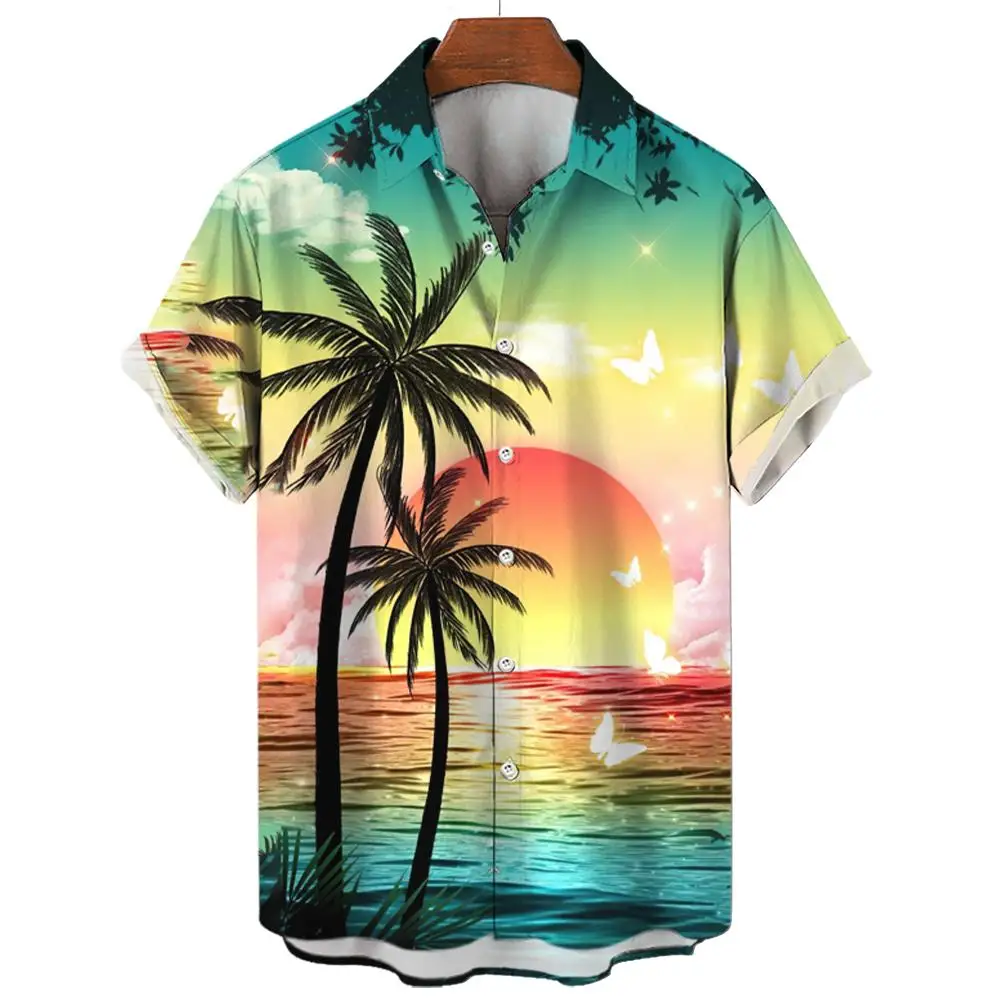 Summer Hawaiian shirt beach men\'s shirt coconut tree print blouse oversized men\'s clothing unisex casual short sleeved shirts XL